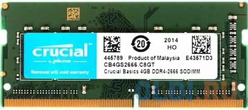 Память DDR4 4Gb 2666MHz Crucial CB4GS2666 Basics RTL PC4-21300 CL19 SO-DIMM 260-pin 1.2В single rank