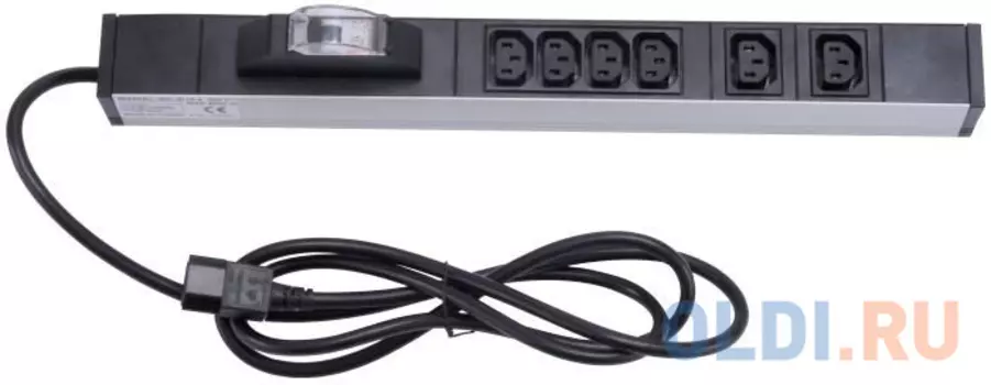 Панель распределения питания 6хIEC 320 C13 с индикатором величины нагрузки, 19" 1U , с алюминиевым профилем, авт.выкл.1х16А, 4000Вт, 250В~, 3x2.5мм2, шнур 3м с вилкой IEC60309 (16A 2P+E), знак СЕ