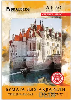 Папка для акварели А4, 210х297 мм, 20 л., BRAUBERG, внутренний блок 200 г/м2, бумага ГОСТ 7277-77, 125226