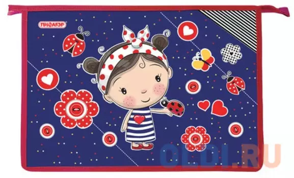 Папка для тетрадей ПИФАГОР А4, картон, молния сверху, Девочка, 228137