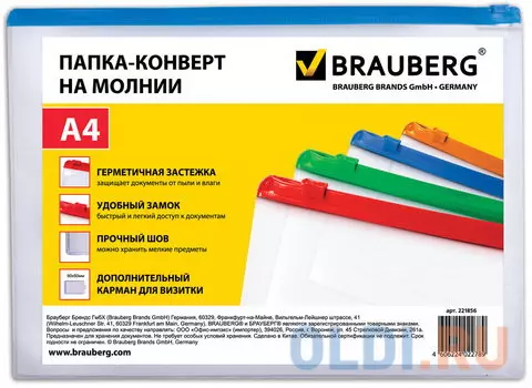 Папка-конверт на молнии BRAUBERG "Smart", А4, 335х238 мм, карман для визитки, 150 мкм, 221856