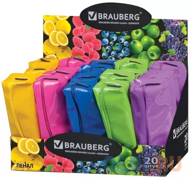 Пенал-косметичка BRAUBERG, под искусственную кожу, ассорти 5 цветов, "Блеск", 20х6х4 см, дисплей, 223896