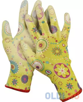 Перчатки GRINDA садовые, прозрачное PU покрытие, 13 класс вязки, зеленые, размер M