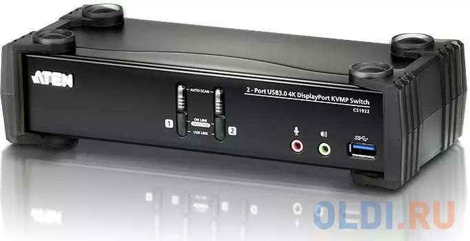 Переключатель KVM ATEN CS1922-AT-G Переключатель, электрон., KVM+Audio+USB 3.0, 1 user USB+DP => 2 cpu USB+DP, со шнурами DP 2x1.5м.+USB 2х1.8м.