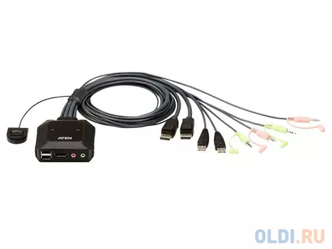 Переключатель KVM ATEN (CS22DP-AT|) KVM, 1 user USB+DisplayPort+AUDIO => 2 cpu USB+DisplayPort+AUDIO, со встр.шнурами USB 2x1.2м., 2560x1600, нас