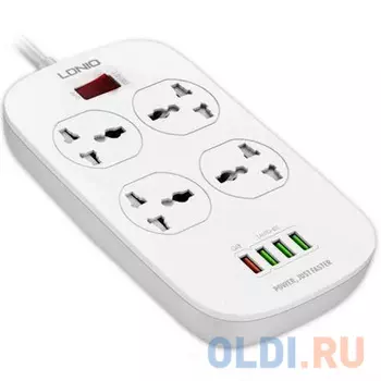 Perfeo LD_B4435 LDNIO SC4407Q/ Сетевой фильтр 2м/ 4 розетки EU_UK_US/ 2500W/ 4 USB+QC 3.0/ Выкл. на розетки/ White