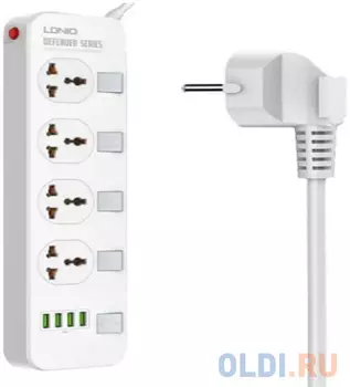 Perfeo LD_B4610 LDNIO SC4408/ Сетевой фильтр 2м/ 4 розетки EU_UK_US/ 2500W/ 4 USB/ Выключатели на розетки/ White