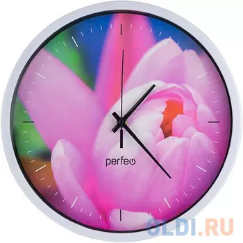 Perfeo Настенные часы "PF-WC-003", круглые д. 30 см, белый корпус / Тюльпаны циферблат