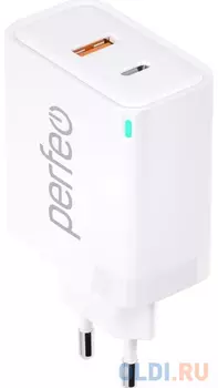 PERFEO Сетевое зарядное устройство с двумя разъемами USB-A+TYPE-C, GaN, 45W, белый (I4654)
