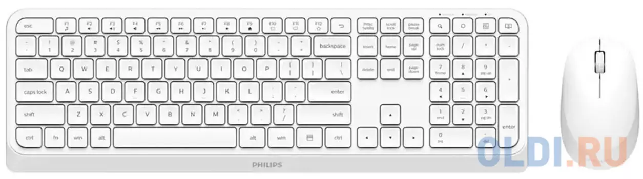Philips Беспроводной Комплект SPT6307W(Клавиатура SPK6307W+Мышь SPK7307W) 2.4GHz 104 клав/3 кнопки 1600dpi, русская заводская раскладка, белый