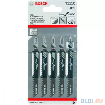 Пилка для лобзика BOSCH T111C (2.608.630.033) мягк.дерево\\пластик, быстро, 100мм, шаг 3.0, HCS, 5шт