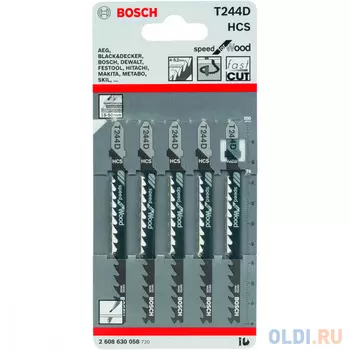 Пилка для лобзика BOSCH T244D (2.608.630.058) дерево, быстро, по кривой, 100мм, шаг 4.0-5.2, HCS, 5