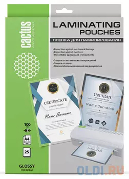 Пленка для ламинирования Cactus 100мкм A4 (25шт) глянцевая 216x303мм CS-LPGA410025