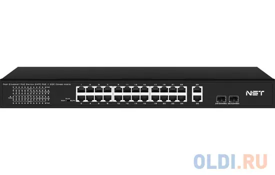 PoE коммутатор Fast Ethernet на 24 x RJ45 портов + 2 x GE Combo uplink порта. Порты: 24 x FE (10/100 Base-T) с поддержкой PoE (IEEE 802.3af/at), 2 x G