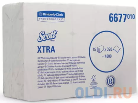 Полотенца бумажные 320 шт., KIMBERLY-CLARK Scott, комплект 15 шт., Xtra, белые, 21х20 см, Interfold, диспенсер 601533, АРТ. 6677