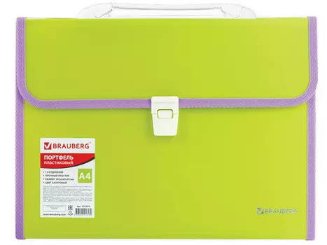 Портфель пластиковый BRAUBERG "Joy", А4 (330х245х35 мм), 13 отделений, с окантовкой, индексные ярлык, салатовый, 227974