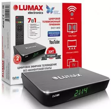 Приставка DVB-T2 LUMAX/ GX3235S, Пластик, Dolby Digital, Wi-Fi, IPTV-плейлисты, YouTube, Кинозал LUM DV2114HD