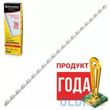 Пружины пластиковые для переплета BRAUBERG, комплект 100 шт., 6 мм, для сшивания 10-20 листов, белые, 530808