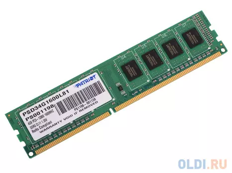 Оперативная память для компьютера Patriot PSD34G1600L81 DIMM 4Gb DDR3L 1600 MHz PSD34G1600L81