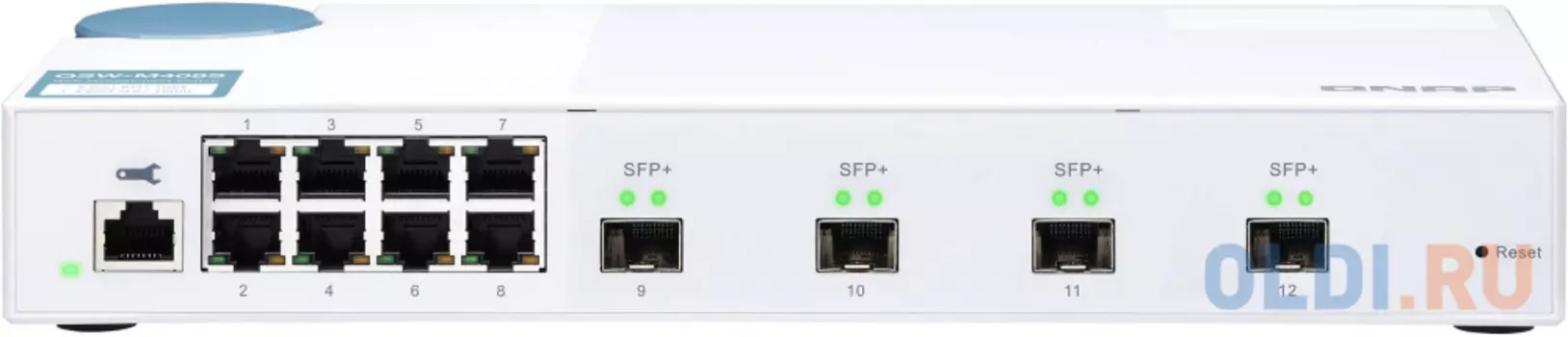 QNAP QSW-M408S 10 Gbps managed switch with 4 SFP + ports, 8 1 Gbps RJ-45 ports, bandwidth up to 96 Gbps, JumboFrame support.