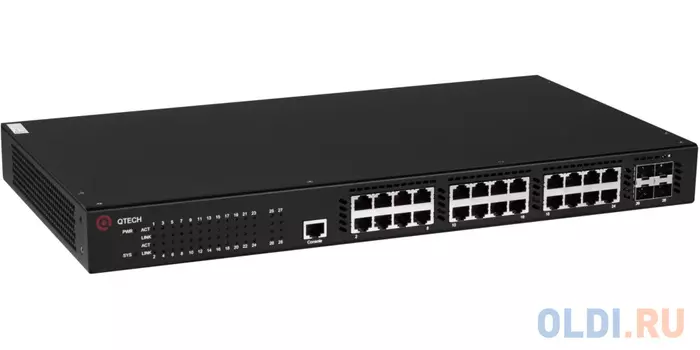 Qtech МПТ Управляемый коммутатор уровня L3 с поддержкой PoE 802.3af/at, 24 порта 10/100/1000BASE-T PoE, 4 порта 10GbE SFP+, 4K VLAN, 16K MAC адресов,