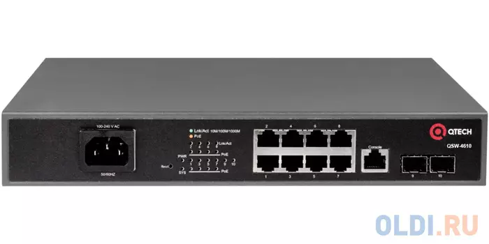 Qtech Управляемый коммутатор уровня L2+ с поддержкой PoE 802.3af/at, 8 портов 10/100/1000BASE-T, 2 порта 100/1000BASE-X SFP, 4K VLAN, 16K MAC адресов,