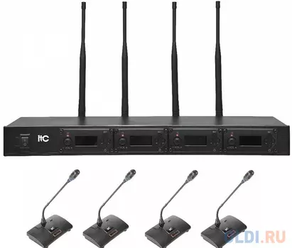 Радиосистема [TS-354] ITC UHF, четырёхканальная радиосистема с одним приёмником и 4 настольными микрофонами типа "гусиная шея". Частотный ди