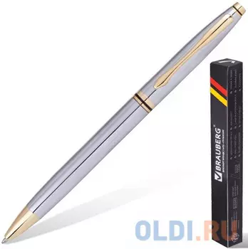 Ручка бизнес-класса шариковая BRAUBERG "De Luxe Silver", корпус серебристый, золотистые детали, 1 мм, синяя, 141414