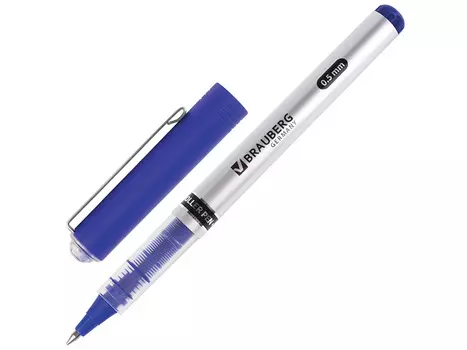 Ручка-роллер BRAUBERG "Flagman", СИНЯЯ, корпус серебристый, хромированные детали, узел 0,5 мм, линия 0.3 мм
