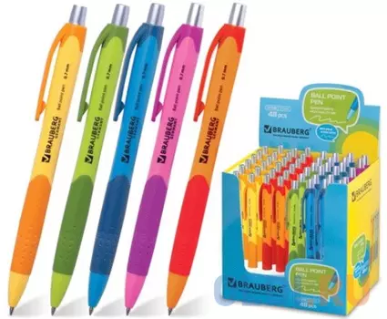 Ручка шариковая автоматическая BRAUBERG "Juicy", корпус ассорти, узел 0,7 мм, линия 0,35 мм, резиновый упор, синяя, 141546