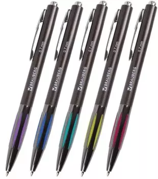 Ручка шариковая автоматическая BRAUBERG "Stripe", корпус ассорти, хромированные детали, узел 0,7 мм, линия 0,35 мм, синяя, 141876