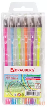Ручки гелевые BRAUBERG, набор 6 шт., "Jet", чернила пастельные, узел 0,7 мм, линия 0,5 мм, ассорти, 141033