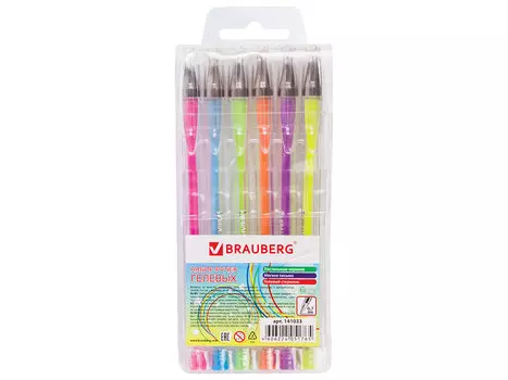 Ручки гелевые BRAUBERG, набор 6 шт., "Jet", чернила пастельные, узел 0,7 мм, линия 0,5 мм, ассорти