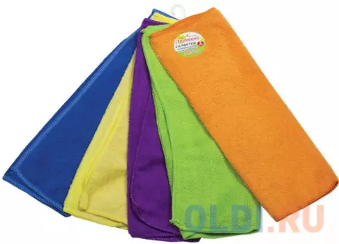 Салфетки универсальные, КОМПЛЕКТ 5 шт., микрофибра, 30х30 см (фиолетовая, синяя, желтая, зеленая, оранжевая), ЛЮБАША, 603942