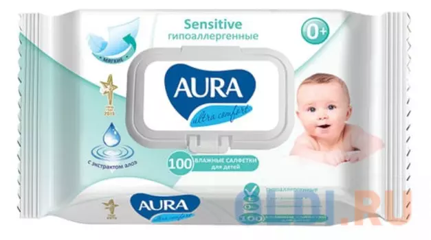 Салфетки влажные AURA Ultra comfort 100 шт детские не содержит спирта без отдушки гипоаллергенные