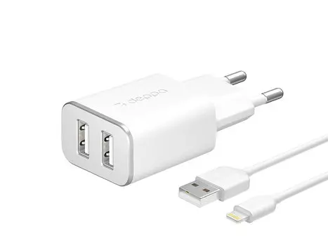 Сетевое зарядное устройство Deppa 2 USB 2.4А + кабель Lightning, MFI, белый