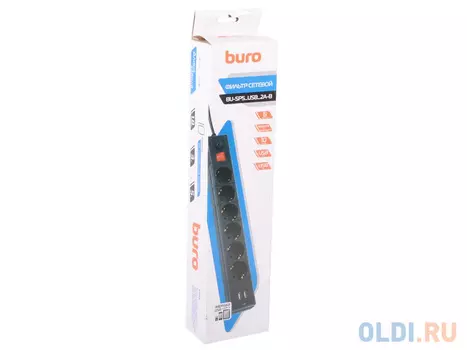 Сетевой фильтр BURO BU-SP5_USB_2A-B 6 розеток 5 м черный