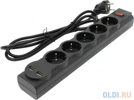 Сетевой фильтр Defender DFS 753 черный 3,0 м, 5 розеток, 2xUSB, 2.1A