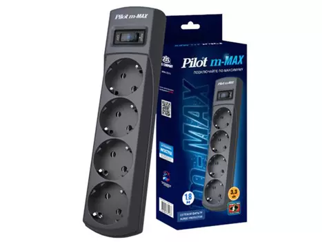 Surge protector Pilot m Max 4 euro outlets, 15А/3.3кВа, 1.8m, black