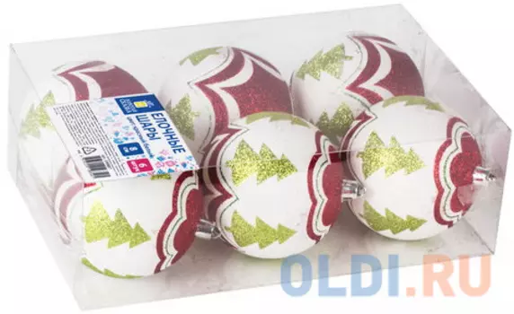 Шары елочные ЗОЛОТАЯ СКАЗКА, НАБОР 6 шт., пластик, 8 см, с золотистым рисунком, цвет красный/белый, 590887