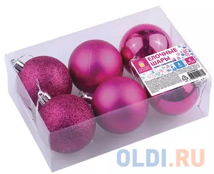 Шары елочные ЗОЛОТАЯ СКАЗКА, НАБОР 6 штук, пластик, 6 см, ФУКСИЯ (глянец, матовый, глиттер), 590870