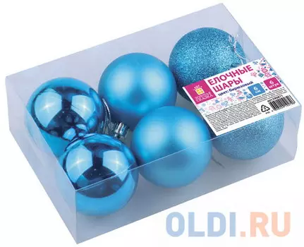 Шары елочные ЗОЛОТАЯ СКАЗКА, НАБОР 6 штук, пластик, 6 см, БИРЮЗОВЫЕ (глянец, матовый, глиттер), 590871