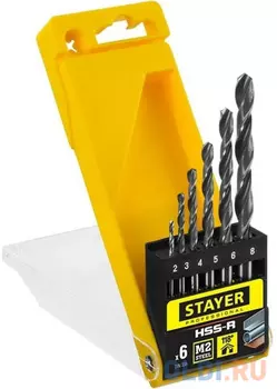 STAYER HSS-R, 6 шт, (2-8 мм), быстрорежущая сталь P6M5, класс В, набор сверл по металлу, Professional (29602-H6)
