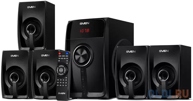 SVEN HT-202, черный, акустическая система 5.1 (мощность (RMS):20Вт+5x16Вт, Bluetooth, FM-тюнер, USB/SD, дисплей, пульт ДУ)