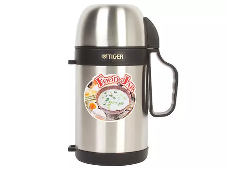Термос с широким горлом Tiger MCW-P091 Stainless, 0.9 л (нержавеющая сталь, цвет стальной, горловина 6 см, крышка-кружка, емкость для соусов, ложка, с