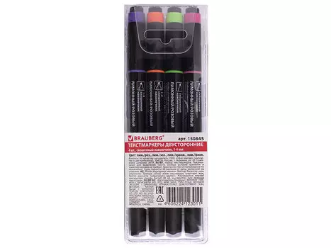 Текстмаркеры BRAUBERG двусторонние набор 4 шт., скошенный наконечник 1-4 мм, желтый, зеленый, оранжевый, розовый, фиолетовый