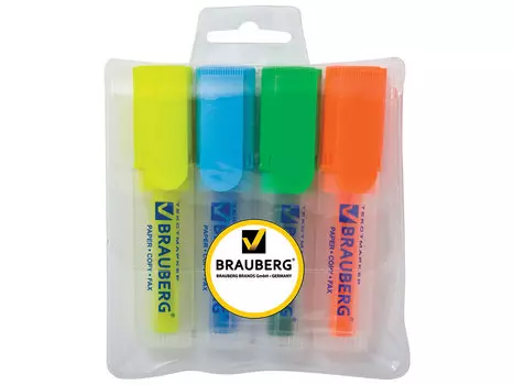 Текстмаркеры BRAUBERG "FLUO", набор 4 шт., прозрачный корпус, скошенный 1-5 мм (голубой, желтый, зеленый, оранжевый)