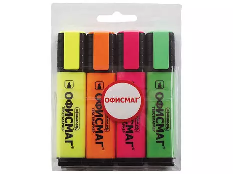 Текстмаркеры ОФИСМАГ, набор 4 шт., классические, скошеный наконечник 1-5 мм (зеленый, лимонный, оранжевый, розовый)
