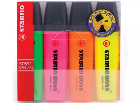 Текстмаркеры STABILO, набор 4 шт., "Boss", скошенный наконечник 2-5 мм