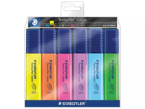 Текстмаркеры STAEDTLER (Германия), набор 6 штуки, "Textsurfer Classic", скошенные, 1-5 мм
